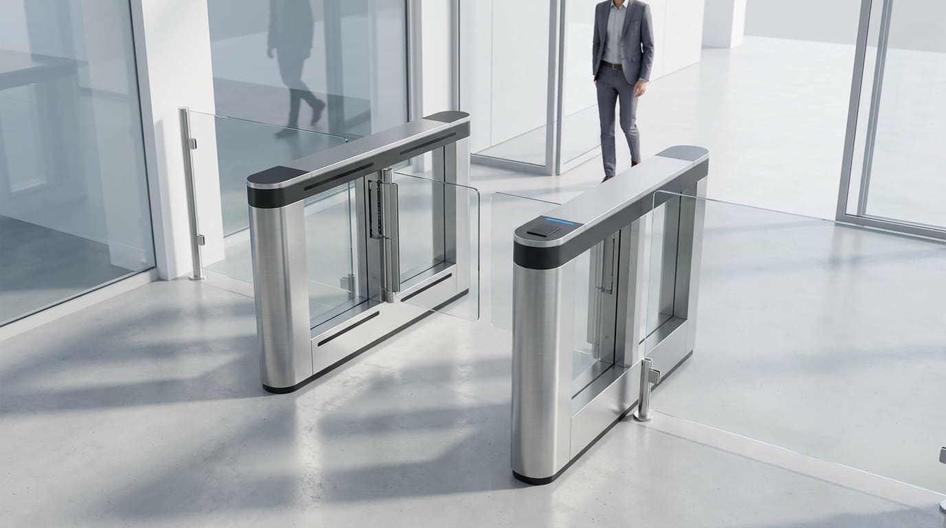 Couloirs rapides speed gates en inox et verre dans un hall d'entreprise, avec lecteur de reconnaissance faciale et signalisation lumineuse verte au passage d'un collaborateur