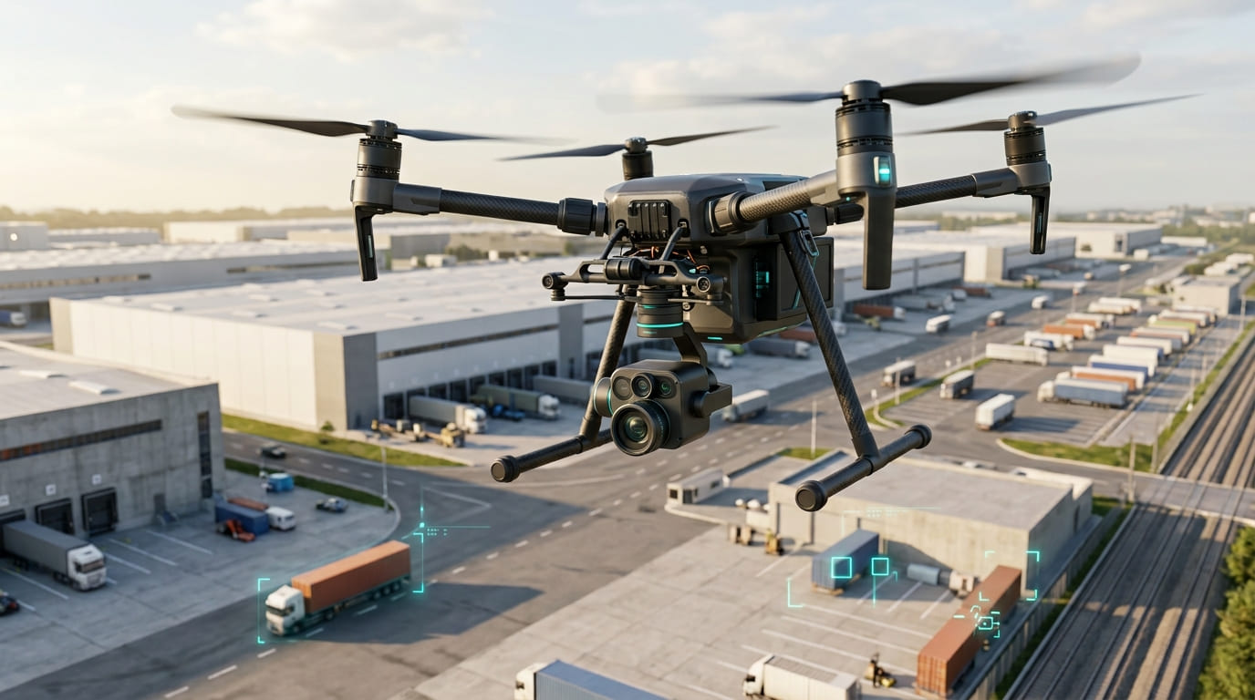 Drone de surveillance survolant un site industriel au crépuscule
