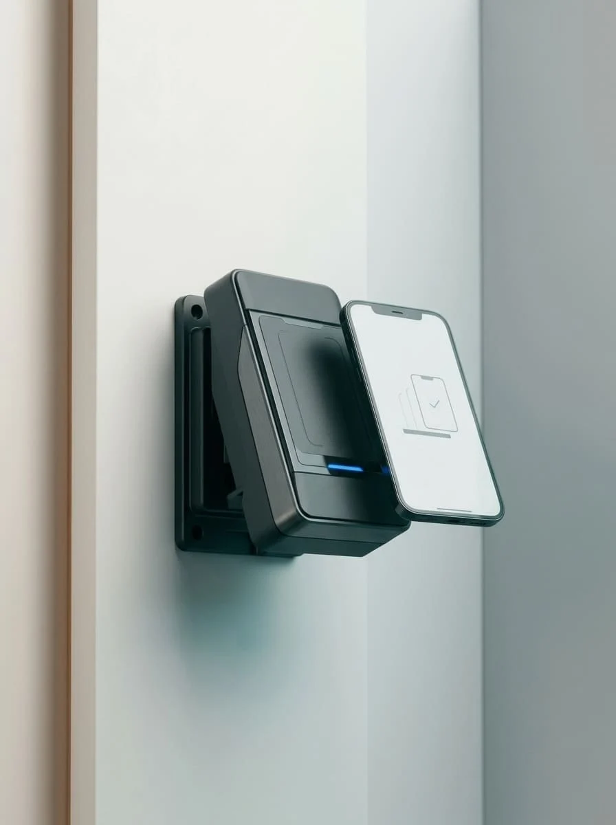 Badge sur smartphone ouvrant un couloir d'accès dans un hall d'entreprise
