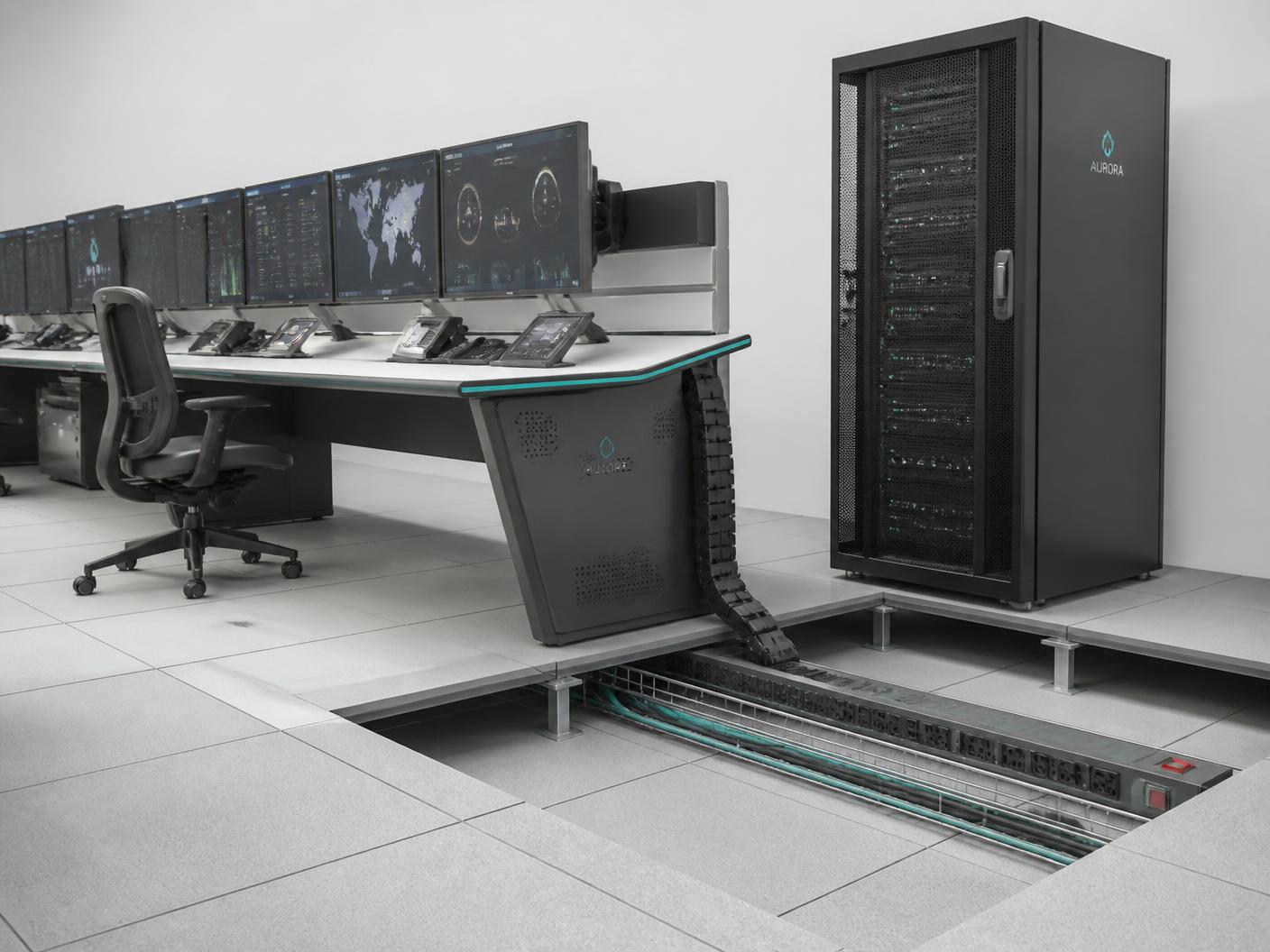 Consoles opérateurs ergonomiques, baie technique et plancher technique avec cheminements de câbles