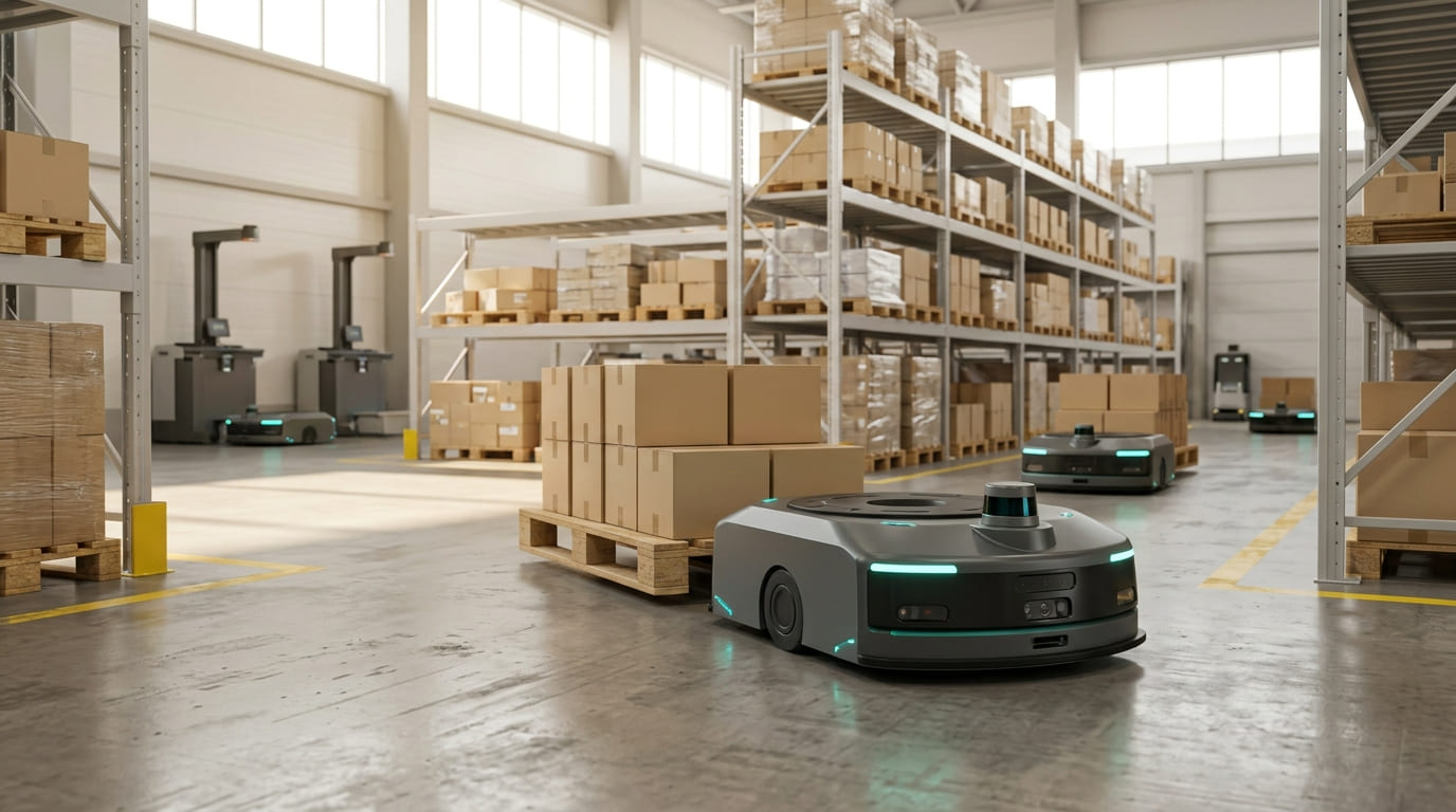 Robots mobiles autonomes circulant dans un entrepôt logistique moderne