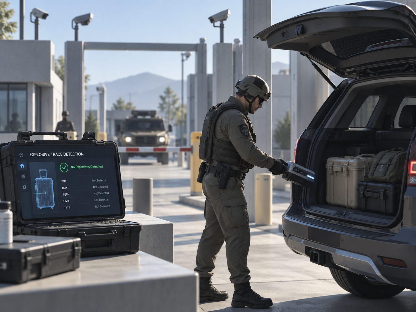 Opérateur sécurité utilisant un détecteur de traces d'explosifs sur un véhicule