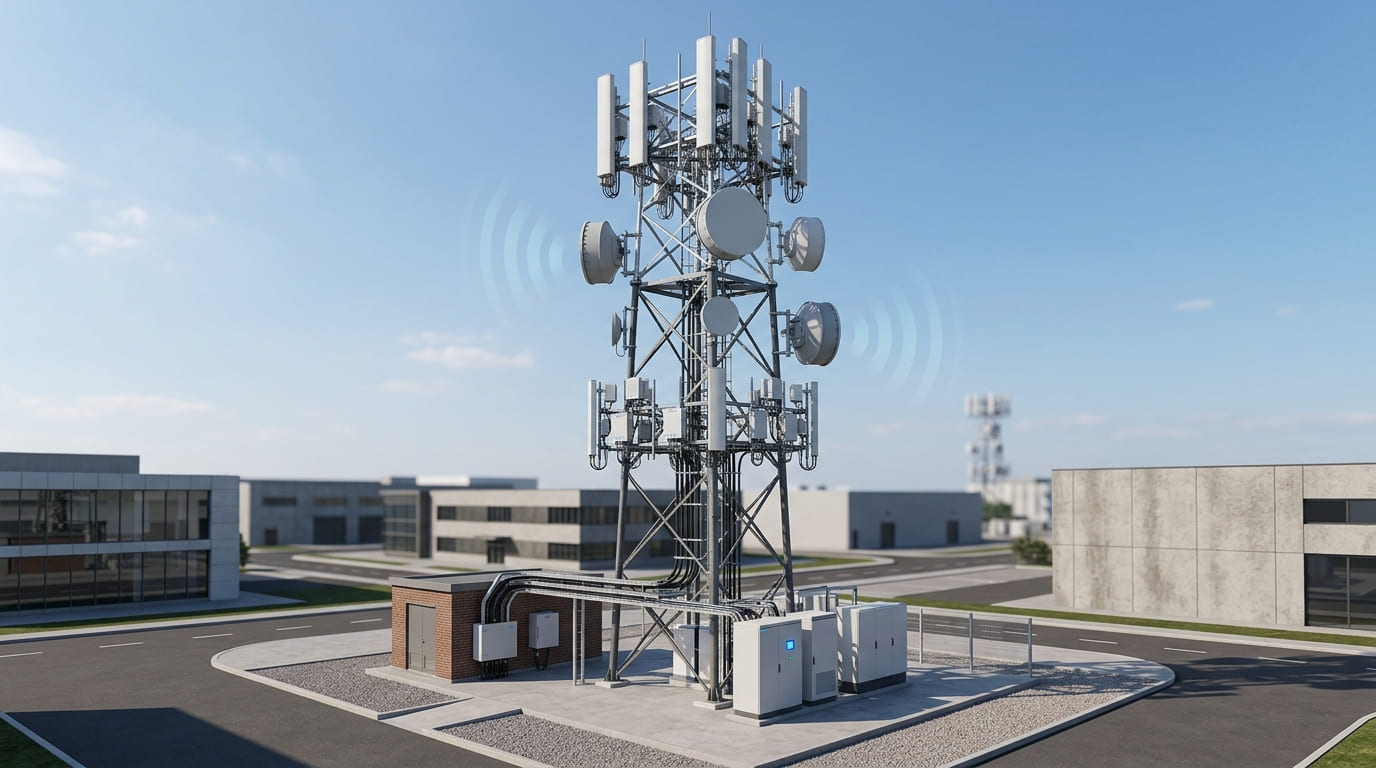 Technicien installant des antennes radio et points d'accès sans fil sur un mât industriel