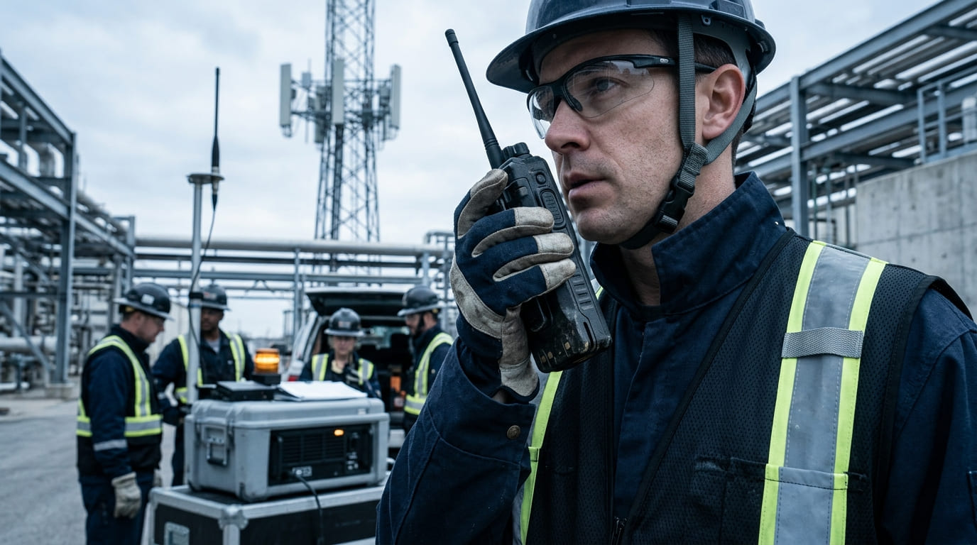 Technicien utilisant une radio professionnelle sur site industriel