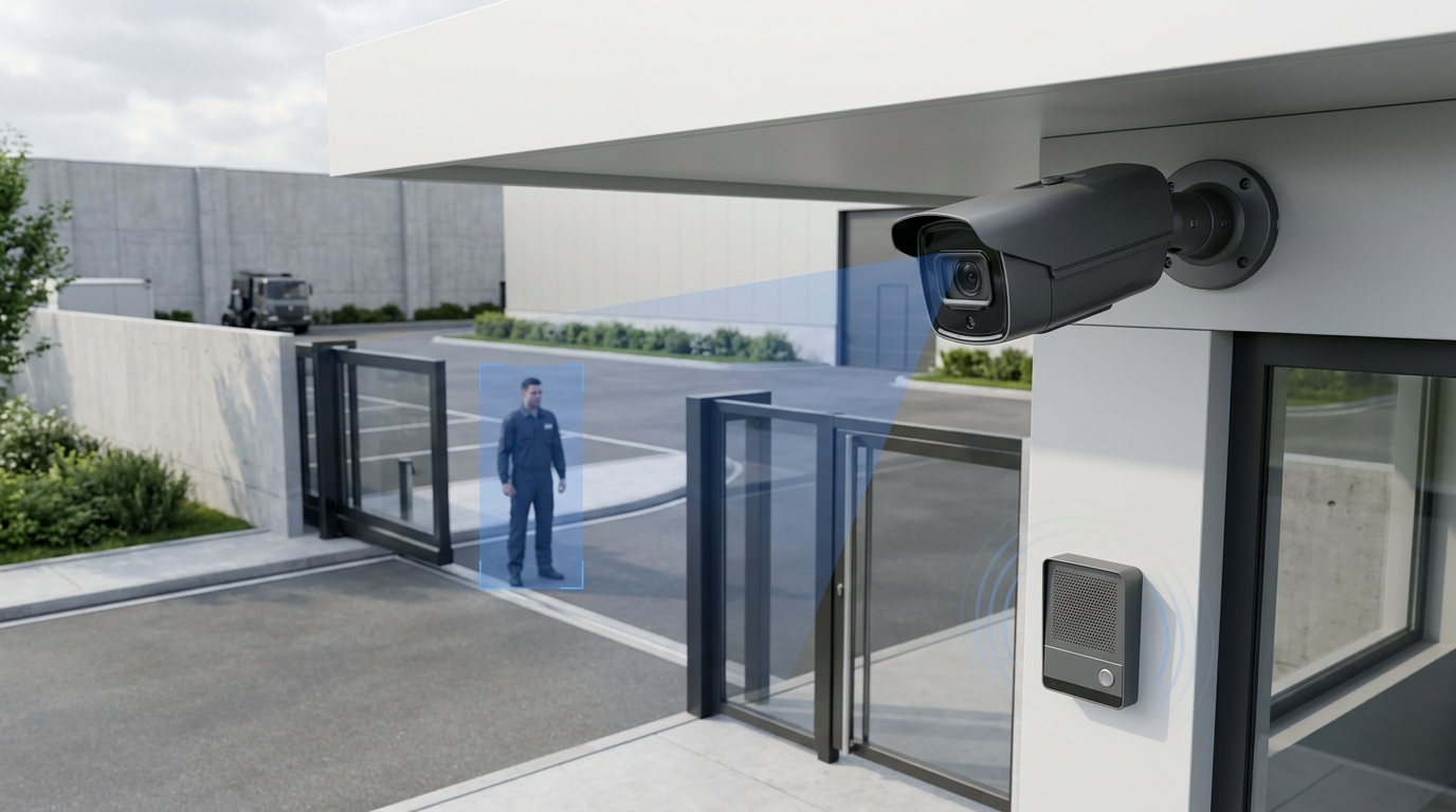 Caméra de levée de doute vérifiant une personne devant un portillon d'entrée de site industriel, avec haut-parleur d'interpellation
