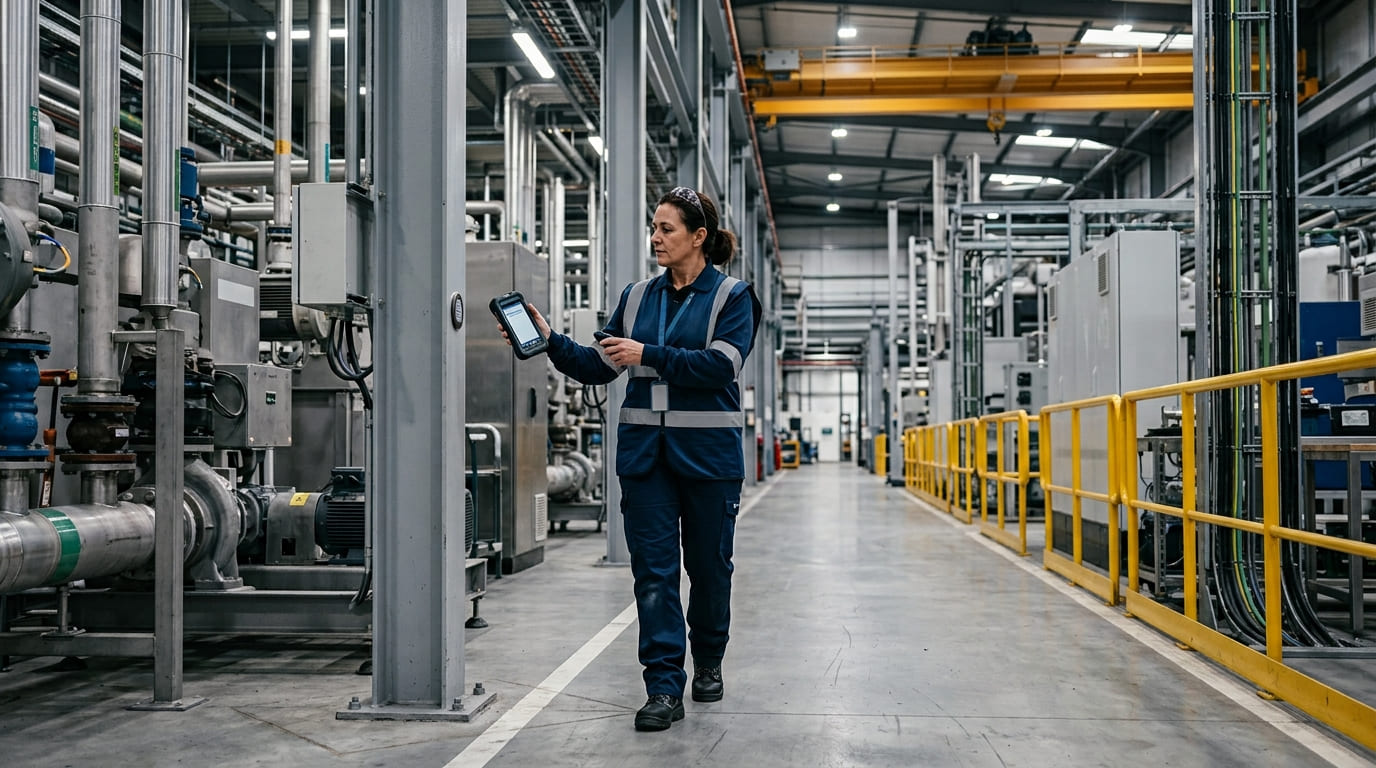 Technicienne réalisant une inspection numérique sur terminal durci en usine
