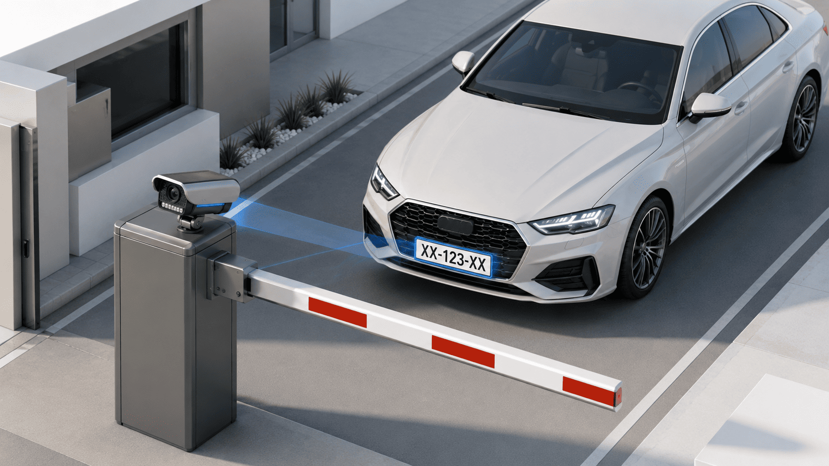 Caméra ANPR et barrière automatique en entrée d'un site sécurisé