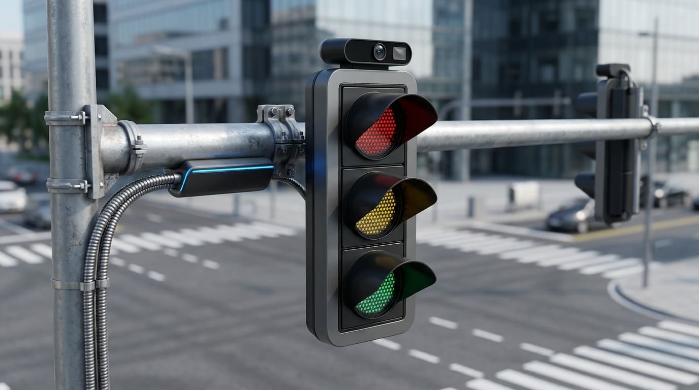 Carrefour urbain équipé de feux tricolores pilotés et de panneaux à messages variables