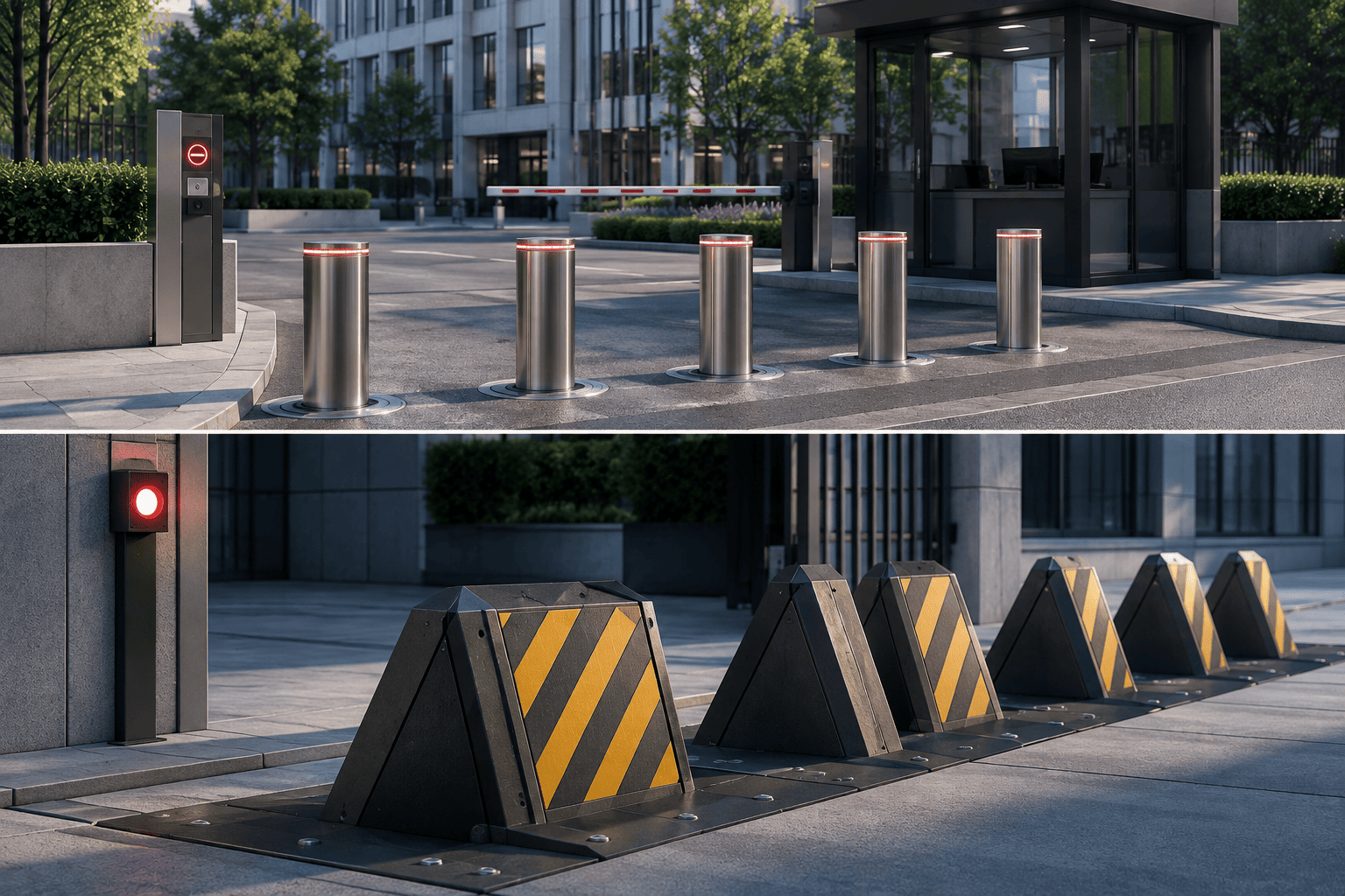 Bornes escamotables automatiques relevées devant l'entrée d'un site sensible, protégeant une zone piétonne