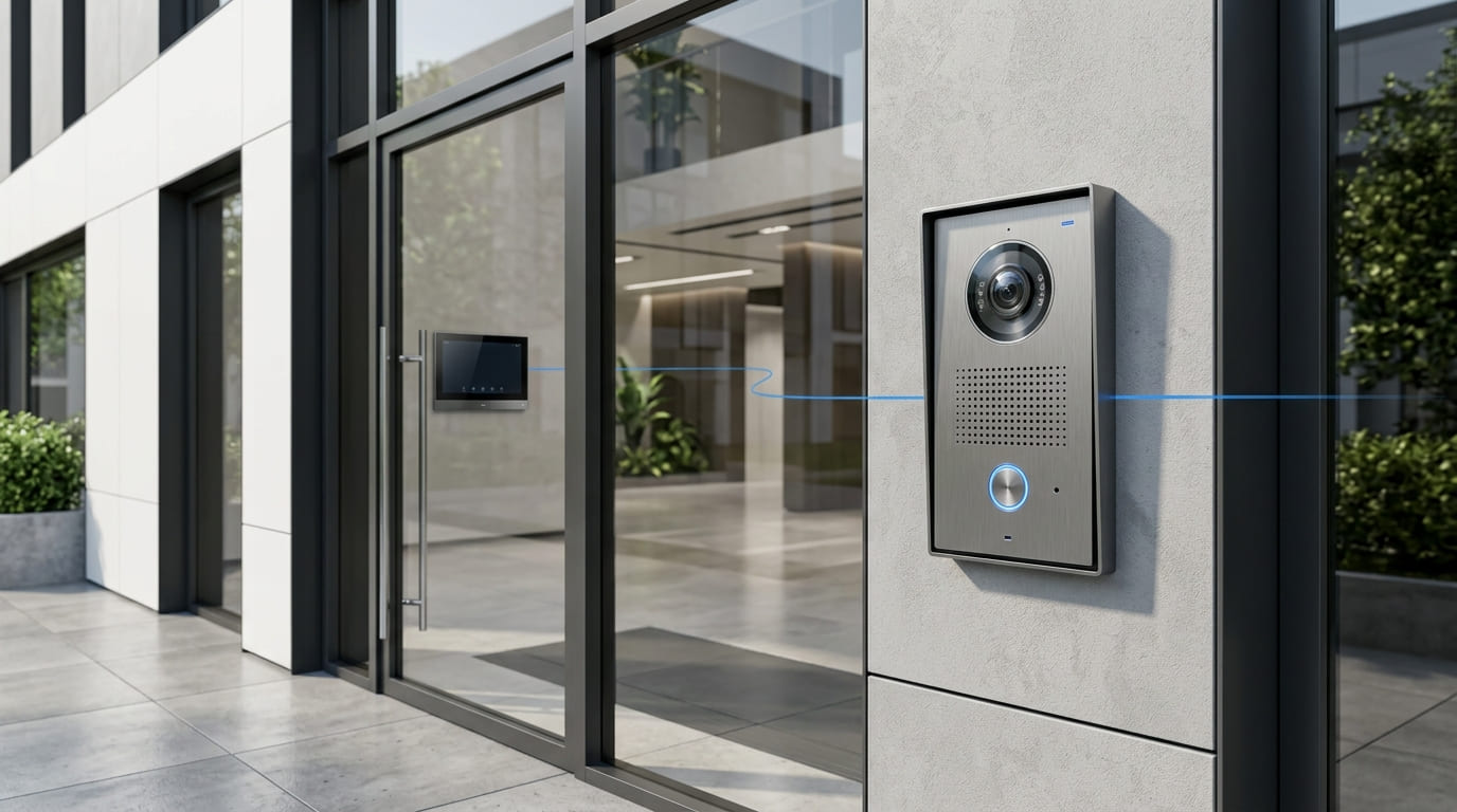 Platine de vidéophonie en inox installée à l'entrée d'un bâtiment tertiaire