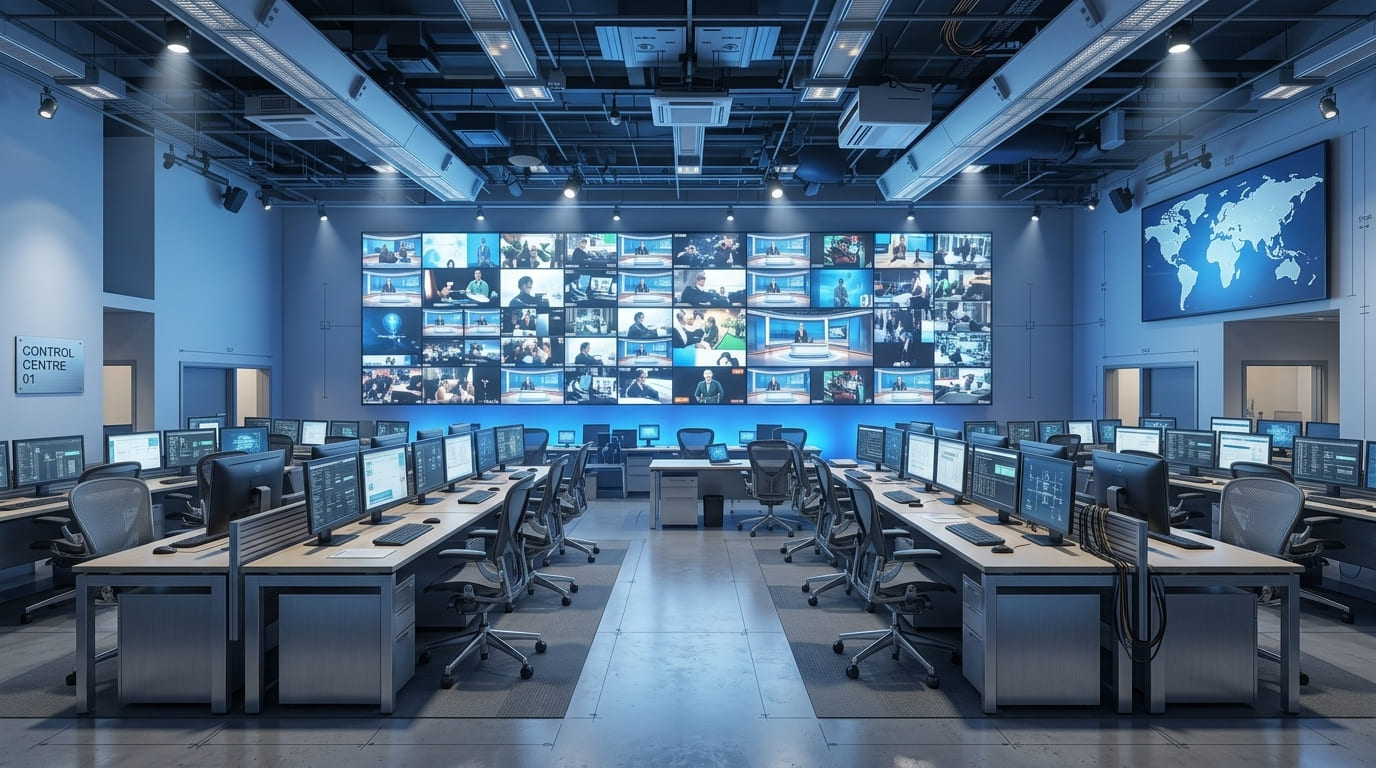 Centre de commandement et de contrôle avec mur d'images et postes opérateurs