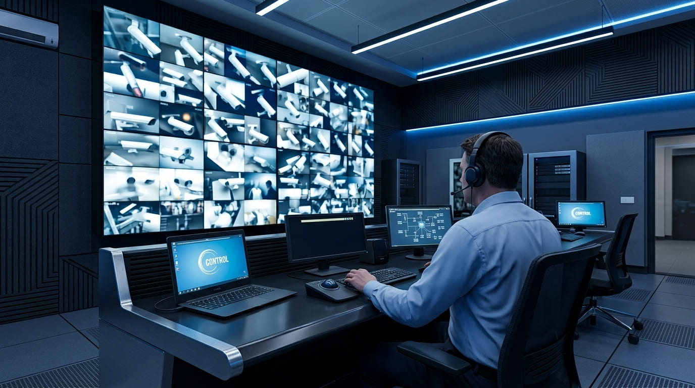 Opérateur devant un mur d'images d'un système de vidéosurveillance centralisé