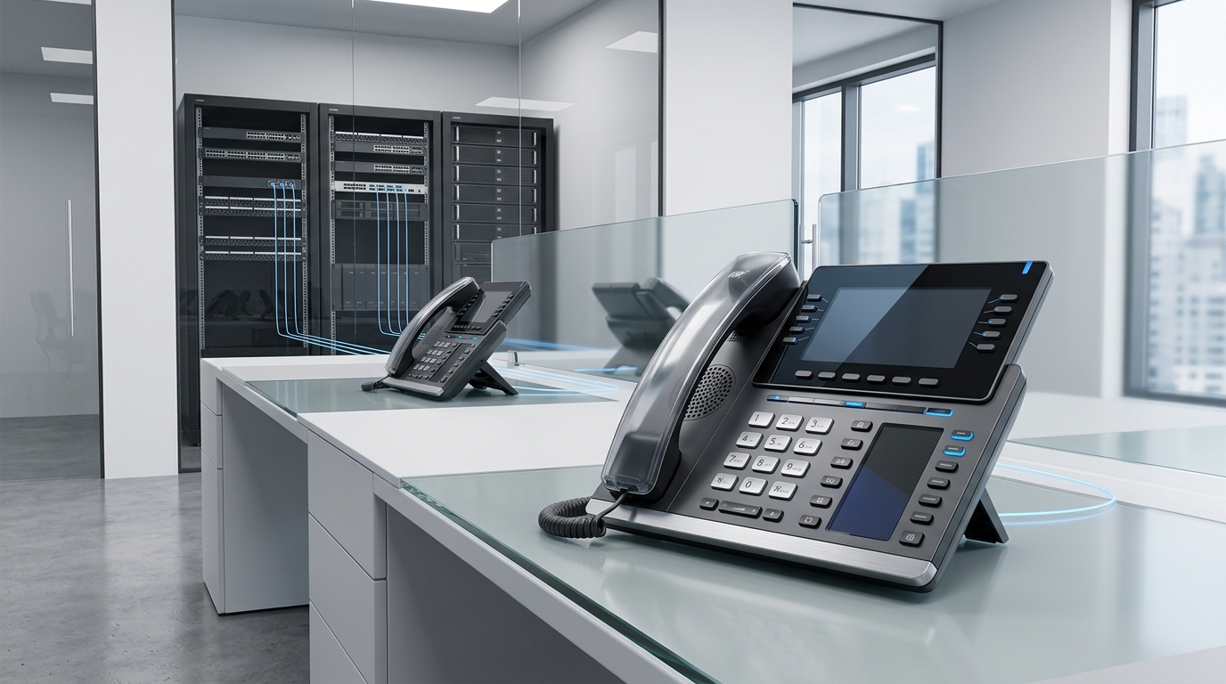 Poste téléphonique IP posé sur un bureau dans un espace de travail moderne