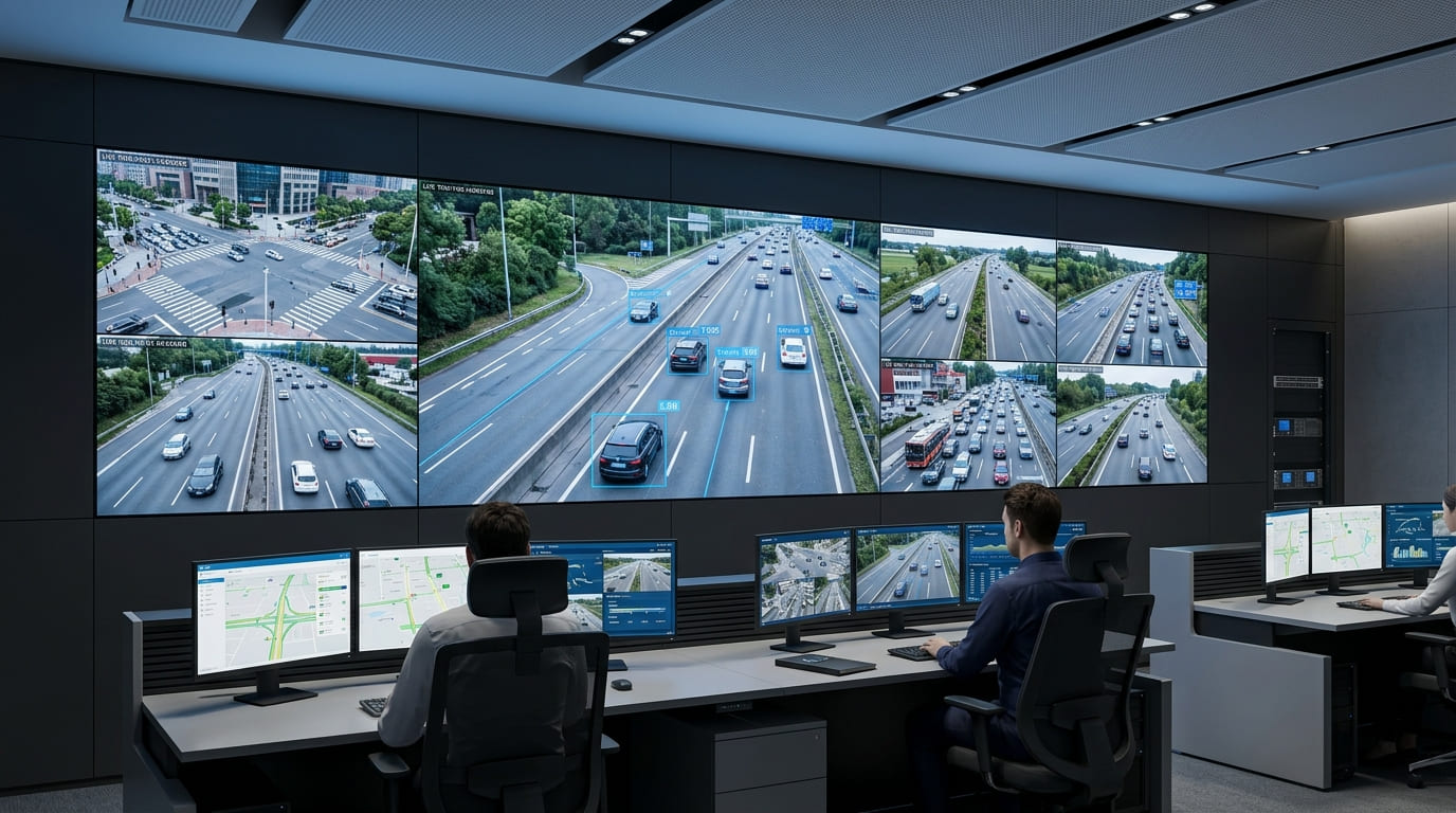 Poste de supervision du trafic avec mur d'images routier et indicateurs de flux
