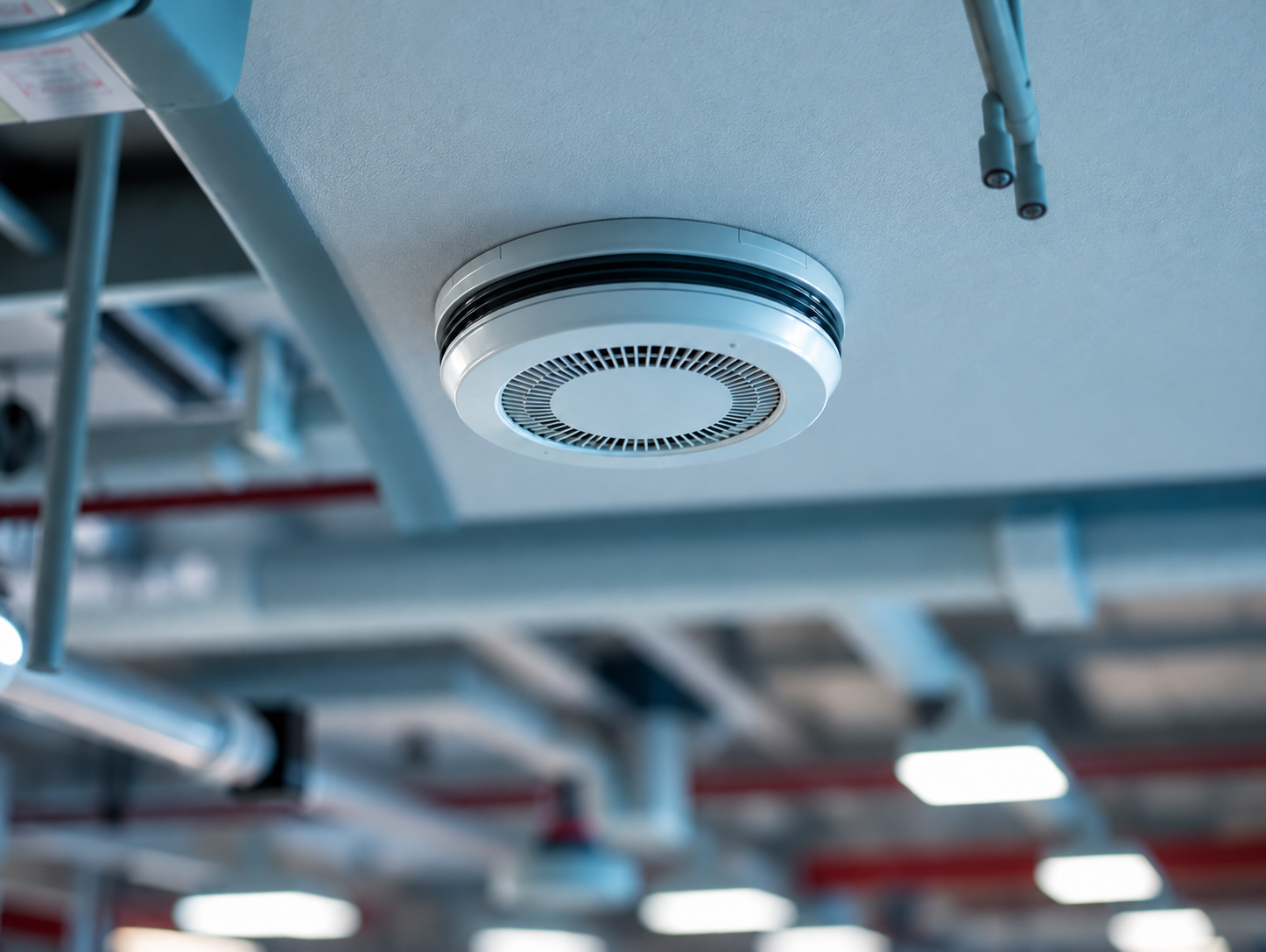 Détecteurs de fumée et de chaleur installés en plafond dans un bâtiment industriel