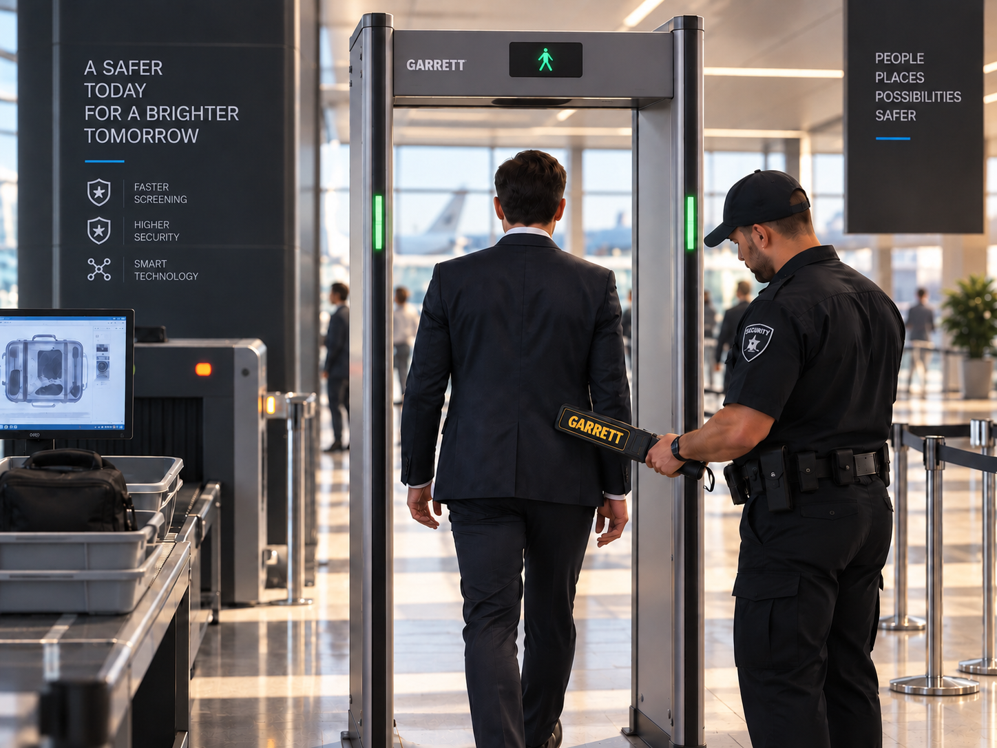 Portique de détection de métaux Garrett dans un aéroport avec agent de sécurité