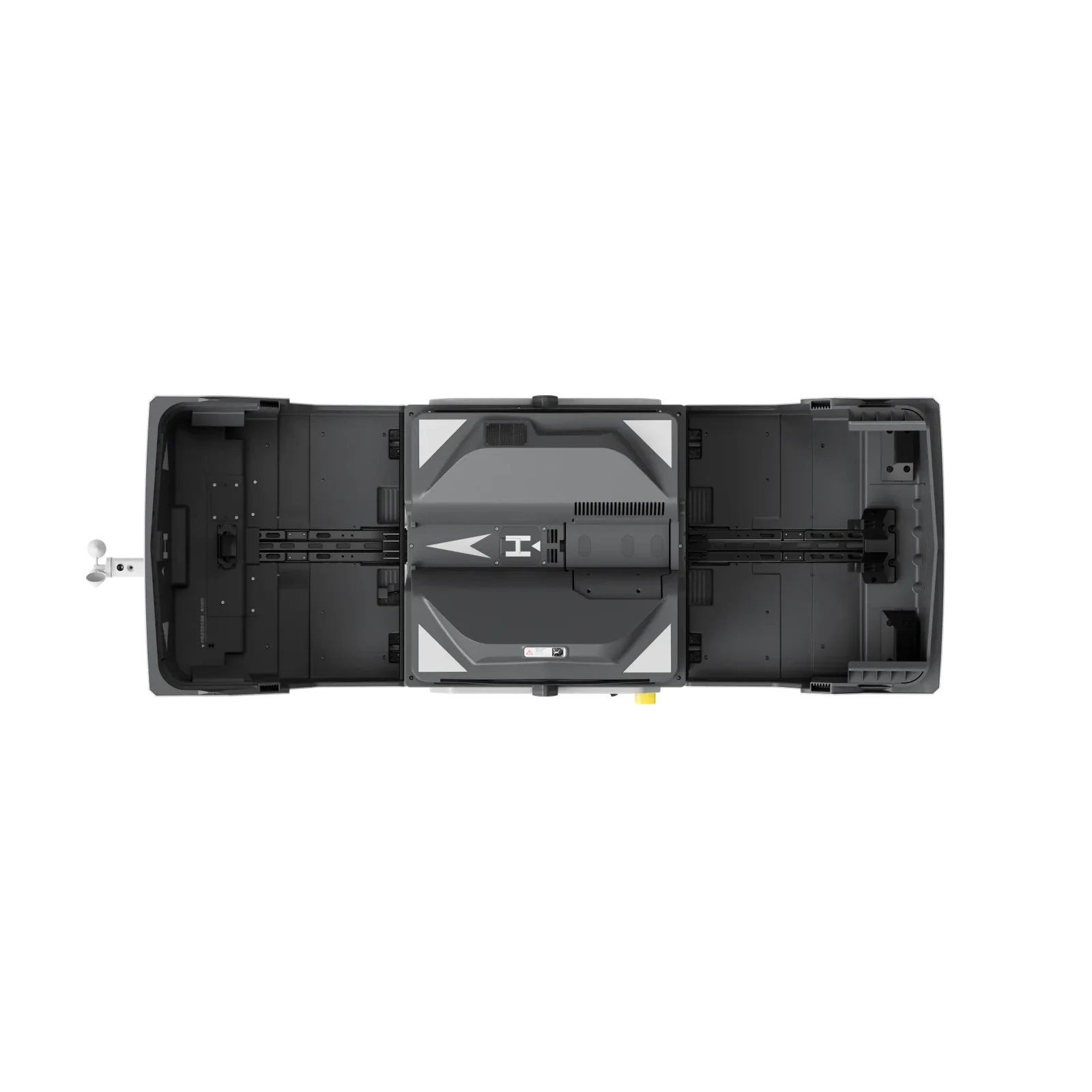 DJI — Vue de dessus de la Dock 4, capot ouvert.