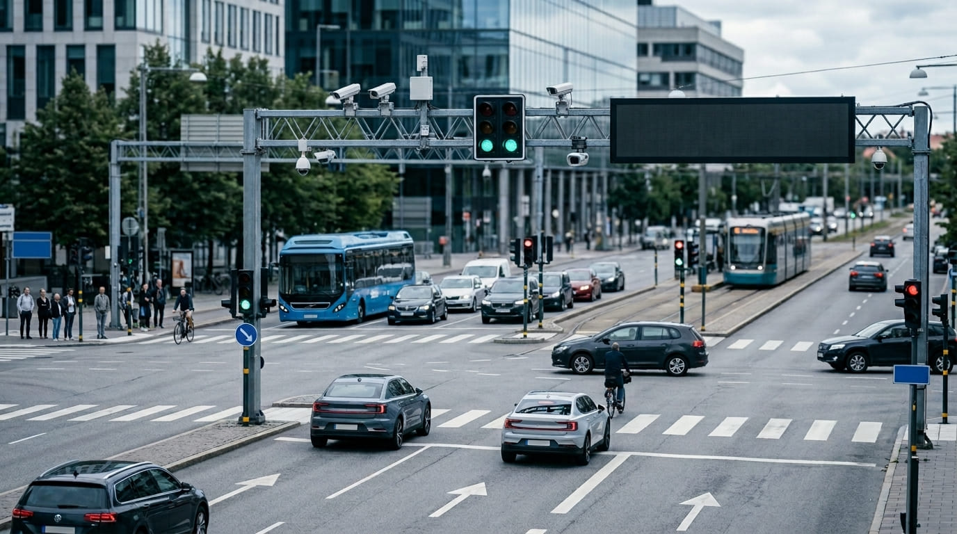 Carrefour urbain équipé de caméras et de signalisation dynamique