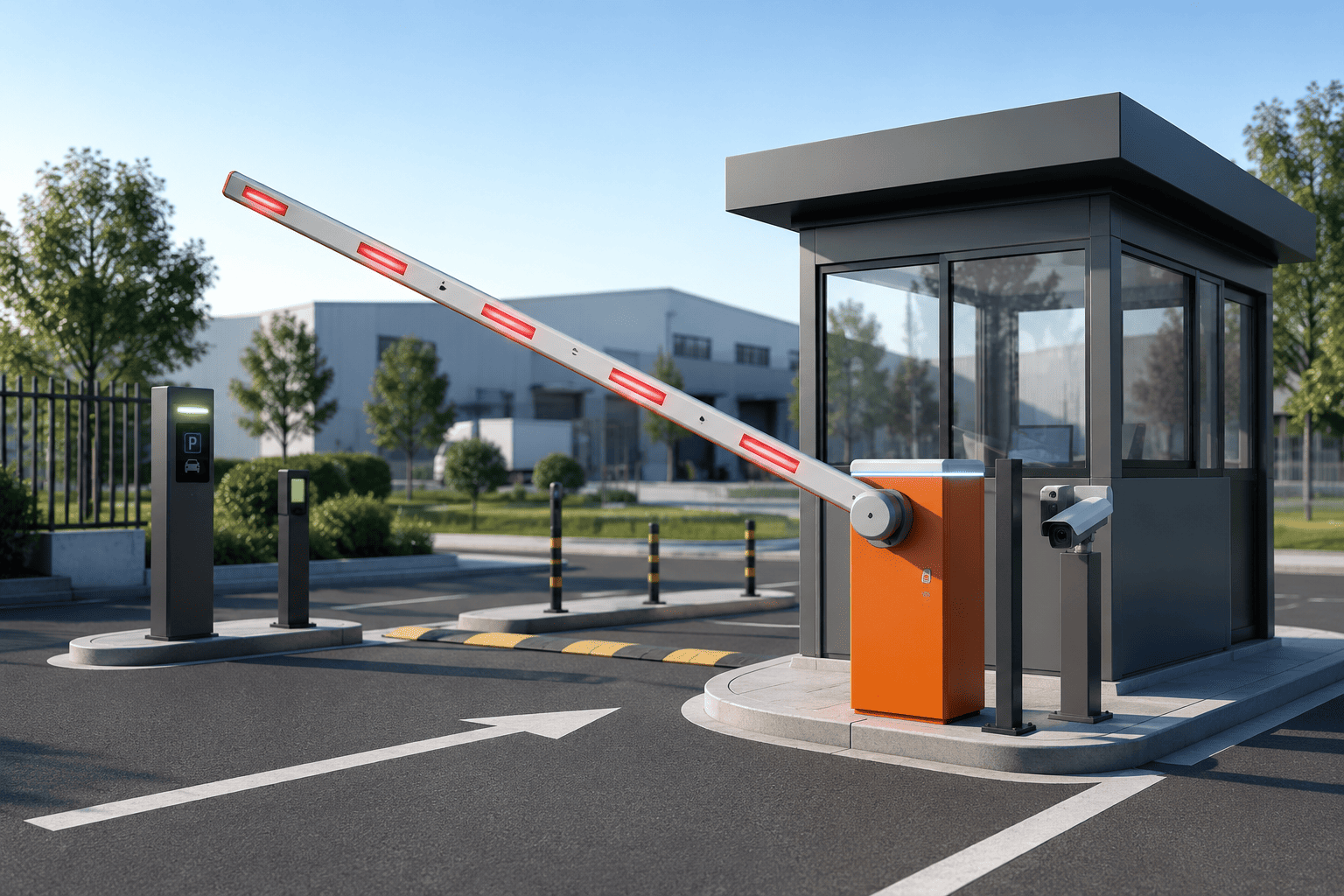 Barrière levante automatique à l'entrée d'un parking d'entreprise avec lecteur de badge et caméra de lecture de plaques