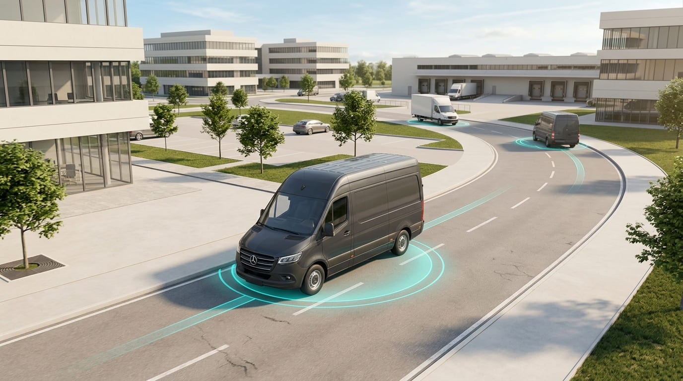 Flotte de camions équipés de boîtiers de géolocalisation dans une cour logistique