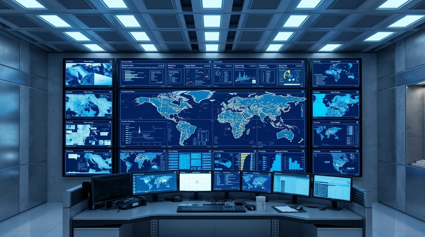 Tableau de bord d'hypervision multi-sites affiché sur un grand écran de centre d'exploitation