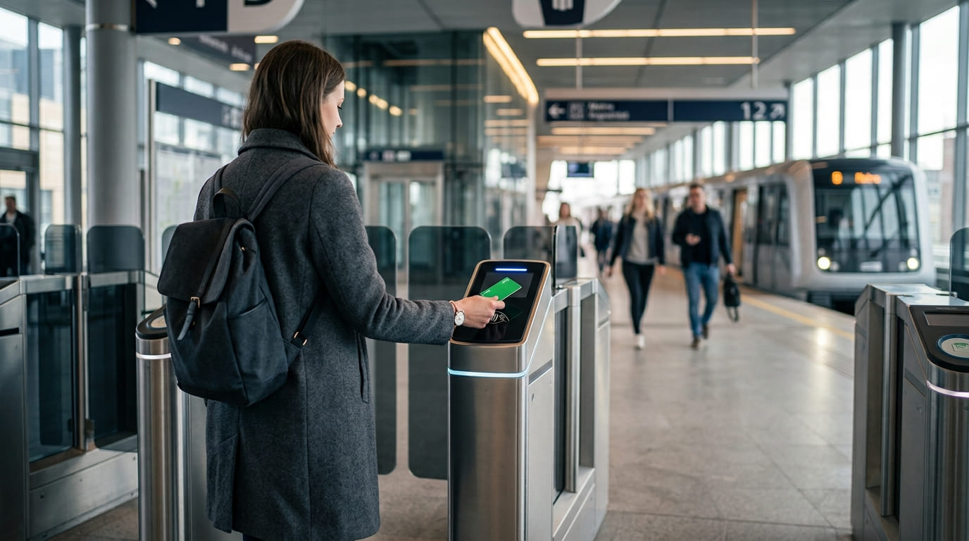 Passager badgeant sur un portique d'accès en station