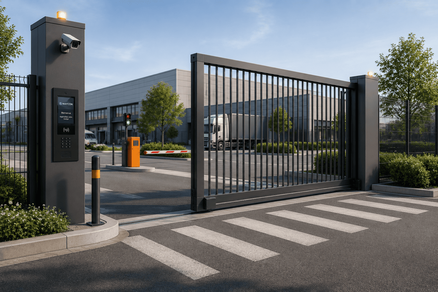 Portail coulissant motorisé à l'entrée clôturée d'un site industriel, avec feux de signalisation et lecteur de badge
