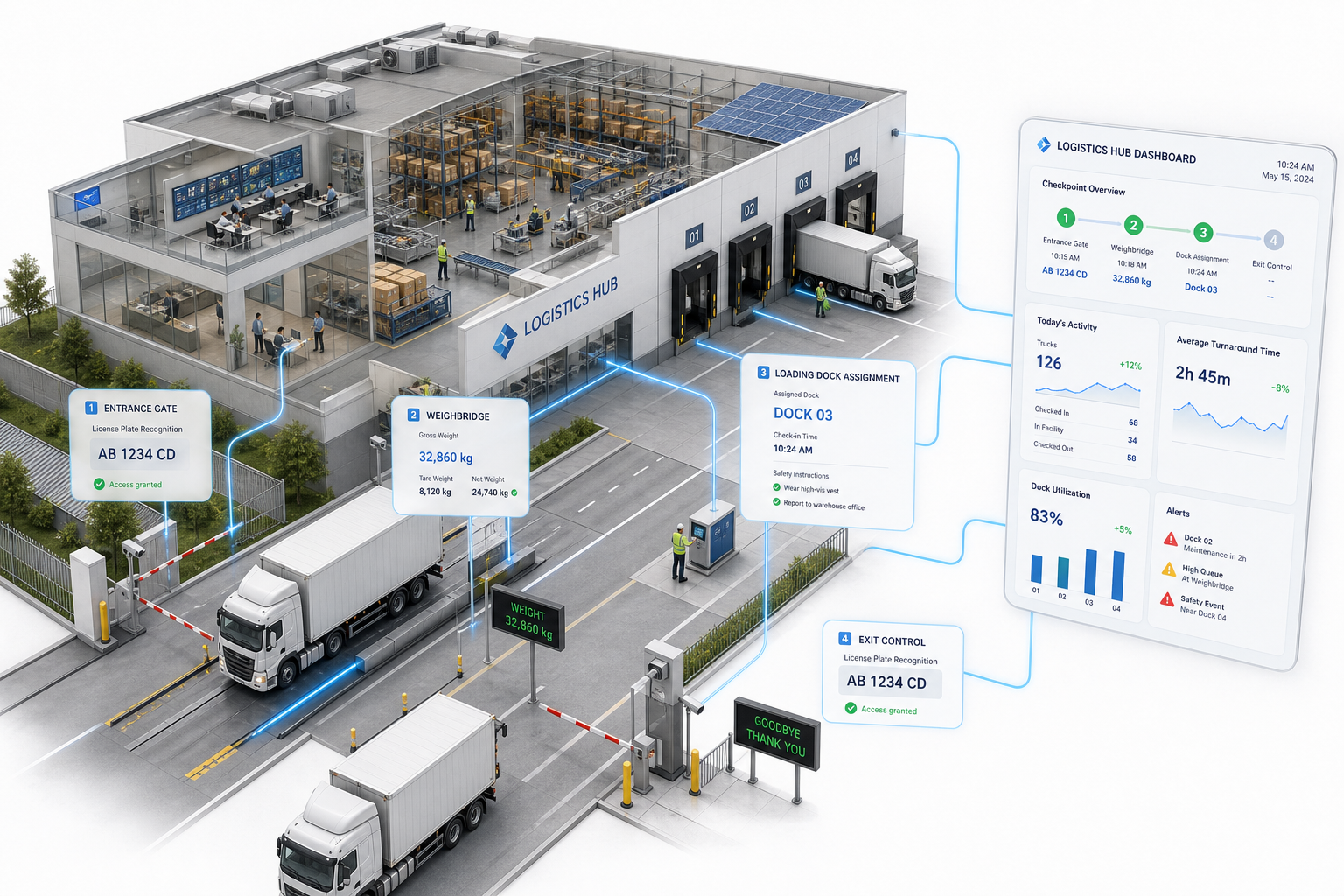 Flux camion automatisé : portail, bascule, quai et contrôle de sortie