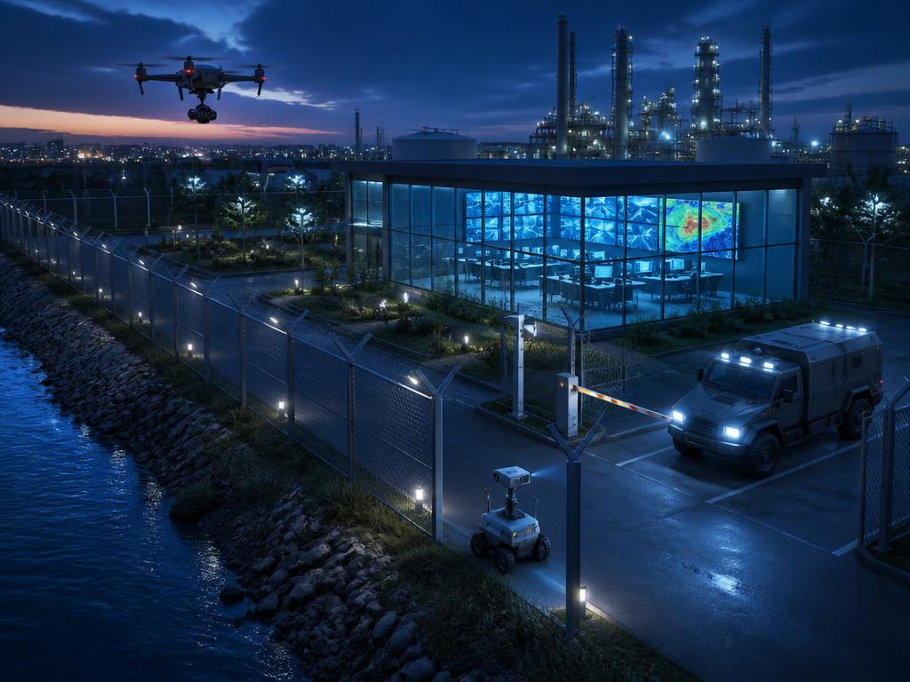 Site industriel au crépuscule avec drone, robot de ronde, véhicule d'intervention et centre de commandement