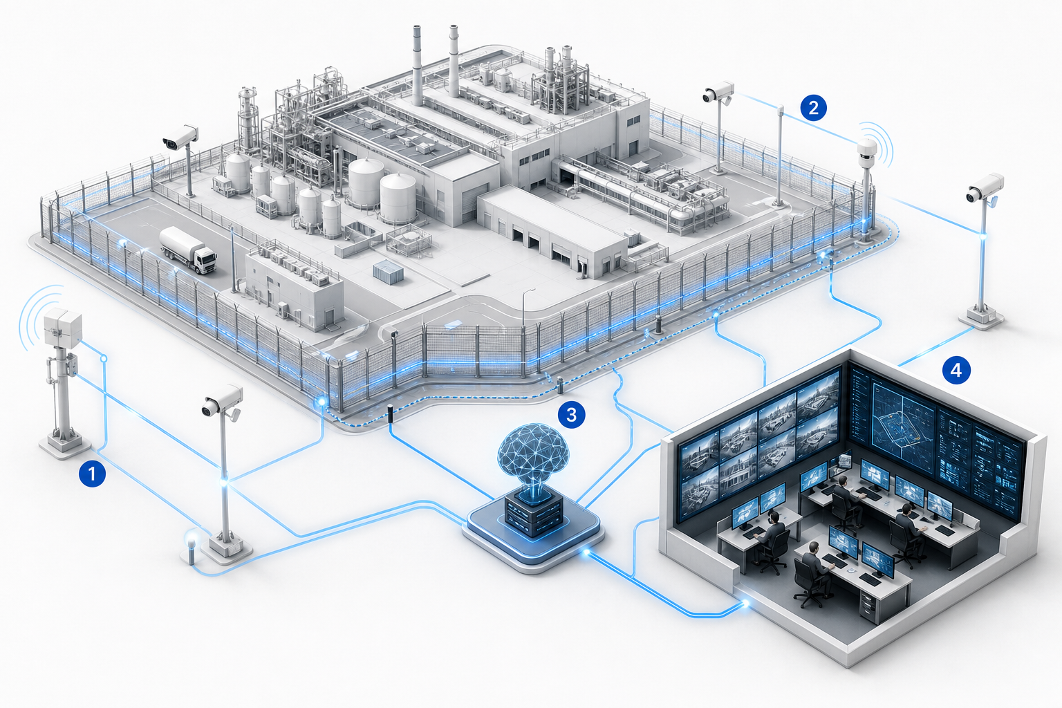 Site industriel protégé de la clôture au poste de commandement