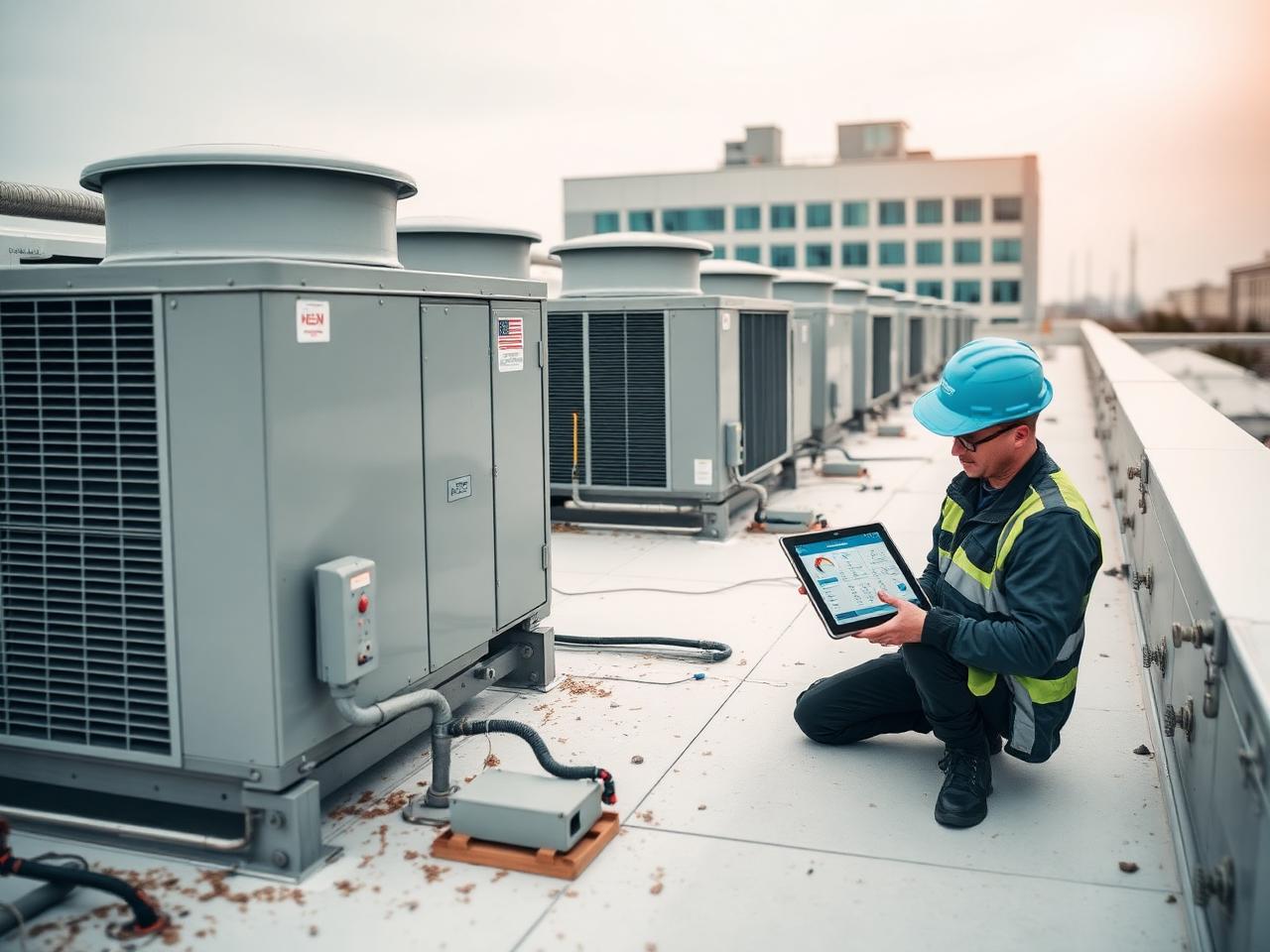 Unités de traitement d'air en toiture et technicien avec interface de régulation